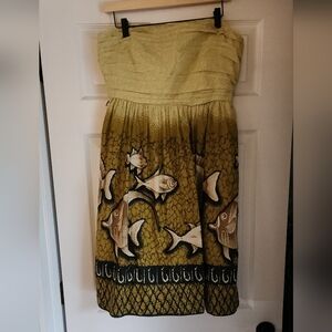 Anthropologie Vanessa Virginia Baxter Bay Fish Print Sun Dress Lined Belt 14
